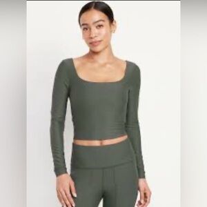 OLD NAVY Dark Ivy Green PowerSoft Support Long Sleeve Crop Top Shelf Bra Large